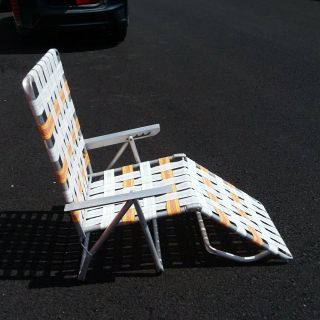 Vtg Aluminum Webbed Lounge Chair Lawn Beach Patio Camp Orange And White Webbed 5