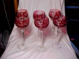 6 Vintage Bohemian Tall Stem Cut To Clear Cranberry Wine Goblets Glasses