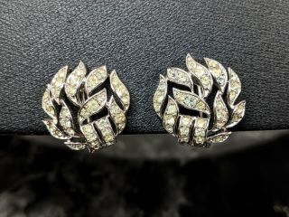 Vintage Jewellery Clip On Silver Tone Rhinestones Trifari Earrings 1950s