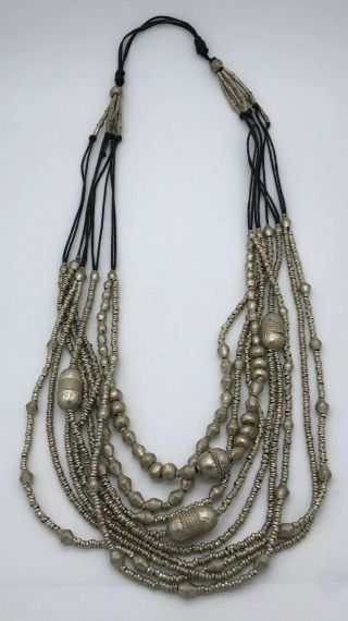 Antique Vintage Ethnic Tribal Long Silver? Filigree Bead Necklace