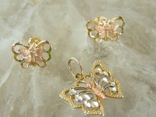 Vintage Butterfly Tri - Colored 14k Black Hill Gold Small Pendant Earring Stud Set