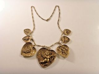 Rare Antique Victorian 14k Gold Filled Huge Cupid Love Hearts Necklace 46675