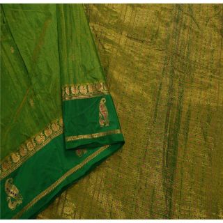 Sanskriti Vintage Green Heavy Saree Pure Silk Zari Woven Craft 5 Yd Fabric Sari