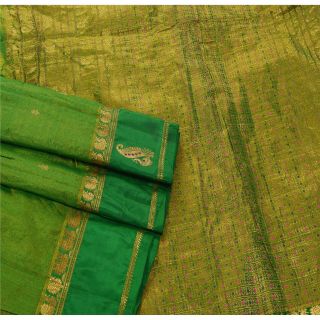 Sanskriti Vintage Green Heavy Saree Pure Silk Zari Woven Craft 5 Yd Fabric Sari 3