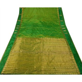 Sanskriti Vintage Green Heavy Saree Pure Silk Zari Woven Craft 5 Yd Fabric Sari 4