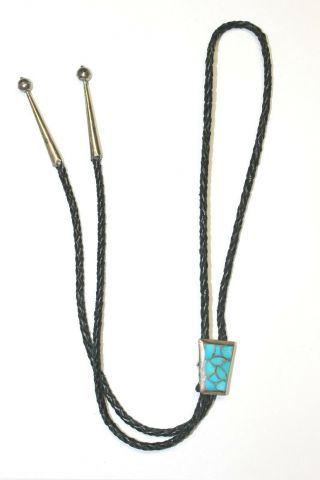 Vintage Sterling Silver Black Leather Rope Turquoise Mens Bolo Tie Necklace