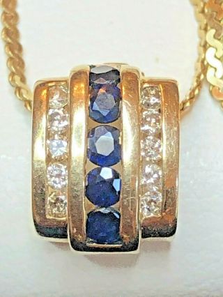 Vintage Estate 14k Gold Blue Sapphire & Diamond Pendant Slide Necklace Gemstone