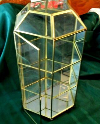 Vintage Glass & Brass Curio Display Cabinet Hexagon W/ 3 Shelves Table Top