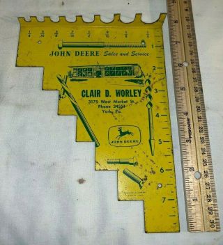 Antique John Deere Tin Litho Tool Sign York Pa Ruler Drill Bit Shop Vintage Farm