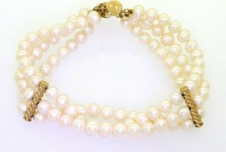 14k yellow gold vintage triple strand 5.  0mm pearl bracelet 2
