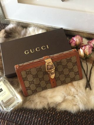 Gucci Womens Vintage Monogram Canvas Wallet Beige Brown Leather Trim