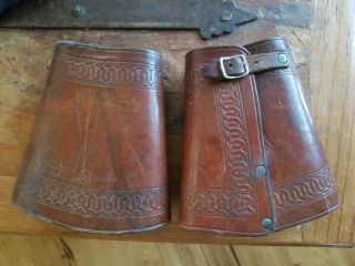 Vintage Hand Tooled Leather Western Cowboy Cuffs Buckled And Riveted