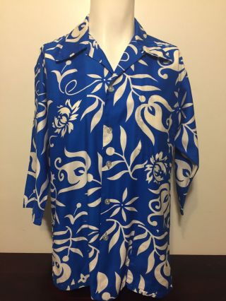 Vtg 60s Aqua Blue White Floral Paradise Hawaii 3/4 Sleeves Hawaiian Shirt L Tiki