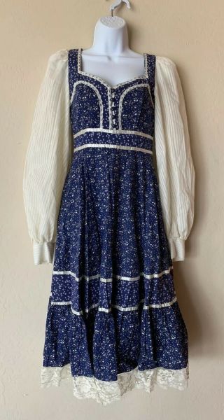 Gunne Sax Vintage 60s 70s Floral Voile Long Prairie Victorian Peasant Dress Sz 9