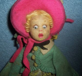 Cute Antique Vintage Italy Felt Cloth Mascotte Doll Early Lenci 9 " Girl With Bee