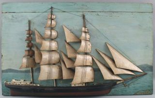 19thC Antique American Maritime Folk Art Clipper Painted Diorama Ship Model,  NR 2