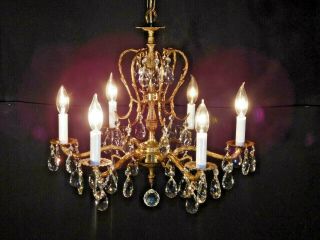 Antique French 6 Arm 6 Lite Stately Brass Bronze Cut Lead Crystal Chandelier