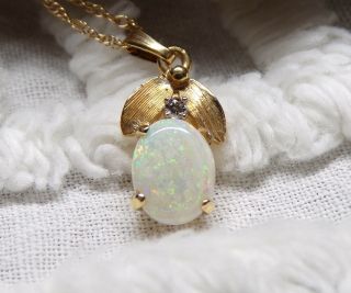 14k Vintage Solid Yellow Gold Natural Opal And Diamond Marked Pendant C 1950