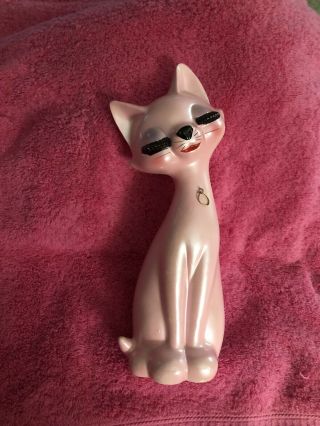 Vintage Ceramic Pink Cat Big Eyelashes Made In Japan 8.  5” Brinns Ries Mcm Kitsc