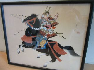 Vintage Signed Japanese Painting On Silk Samurai With Bow On Horse Framed