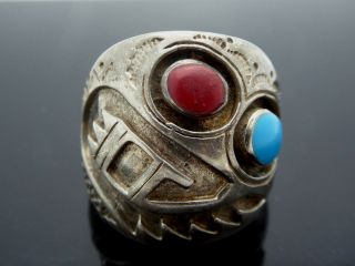 Vintage Navajo Old Pawn Sterling Turquoise Coral Large Ring Size 12.  25