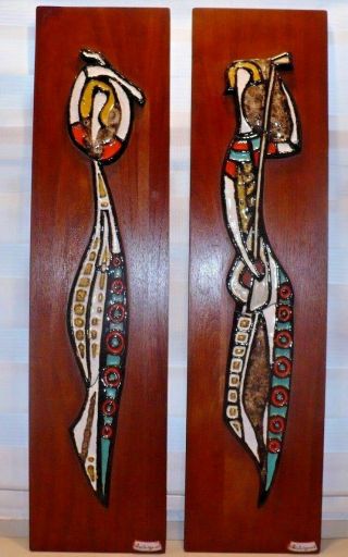 2 Vintage Maurice Chalvignac Art Pottery On Teak Wall Plaques 60s Quebec Canada