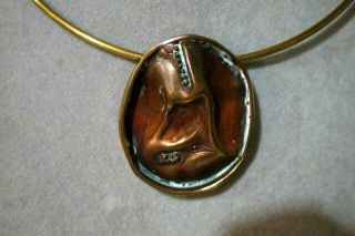 Vintage Artisan Brutalist Modernist Copper Brass Choker Necklace Pendant