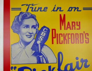 Vtg 1930 ' s Art Deco CBS Mary Pickford Radio Show Cardboard Poster 2