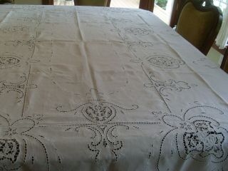 Vintage Madeira Lace Embroidery Cut Work Linen Banquet Tablecloth w/ 10 Napkins 2