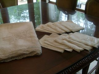 Vintage Madeira Lace Embroidery Cut Work Linen Banquet Tablecloth w/ 10 Napkins 3