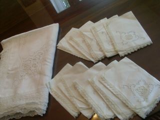 Vintage Madeira Lace Embroidery Cut Work Linen Banquet Tablecloth w/ 10 Napkins 4