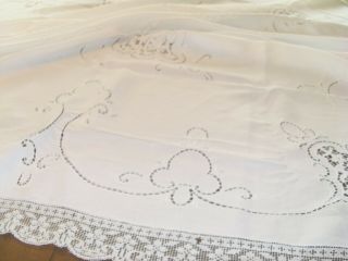 Vintage Madeira Lace Embroidery Cut Work Linen Banquet Tablecloth w/ 10 Napkins 8