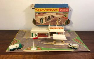 Vintage Lesney Matchbox Bp Service Station Mg - 1 Set W Box Forecourt Complete