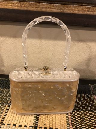 Vintage Old Lucite Box Purse With Handle,  Off White With Brass Latch