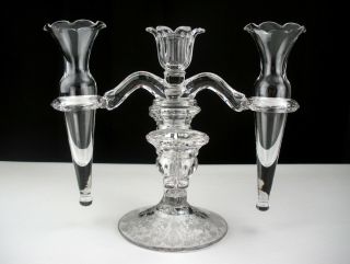 Cambridge Rose Point Epergne Candelabra Set Vintage Elegant Glass 3 Light,  Vases