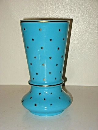 Large Art Deco Portieux Vallerysthal French Pv Blue Opaline Glass Vase Gold Star