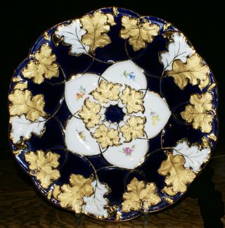 Gorgeous Antique Meissen 11 " Cobalt And Gold Bowl With Oak Leaves & Flowers