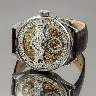 Perrelet Movement Swiss Silver Dial Hand Engraved Skeleton Vintage Watch 49,  3 Mm