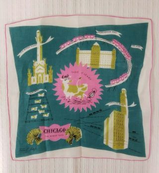 Rare Design Vtg Tammis Keefe Hankie Chicago Gem Of The Prairie Pink Turquoise