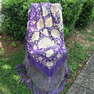 Huge Antique Purple Silk Piano Shawl Bright Florals Vtg