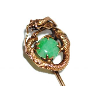 Antique Chinese 14k Gold Jadeite Imperial Dragon Stickpin Pin Qing Dynasty Jade