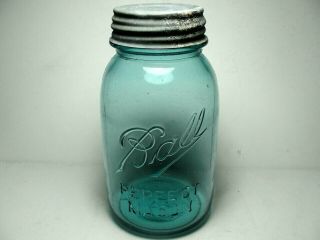 Vintage Ball Blue Glass Perfect Mason 1910 - 1923 Era 13 Pint Jar With Zinc Lid
