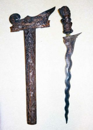 Neat Old Kris Keris,  Dagger / Sword / Knife With Fancy Carved Zebrawood Scabbard