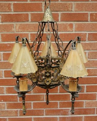 Antique 1930s Art Deco Lincoln Gothic Story Book 5 Light Smoke Bell Chandelier