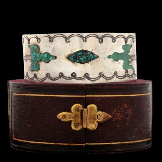Antique Vintage Native Sterling Silver Zuni Turquoise Chip Inlay Cuff Bracelet