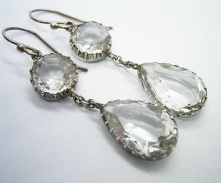 Antique Georgian Victorian Natural Rock Crystal And Silver Long Drop Earrings