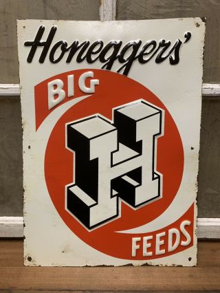 Vintage Honeggers Big H Feeds Heavy Embossed Greenback Sign Rice Paper Farm Mill