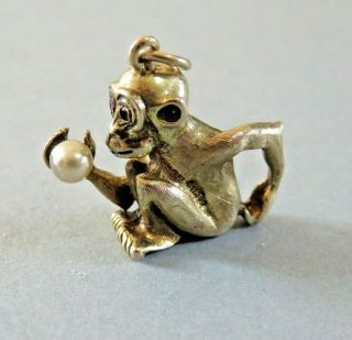 Vintage 9ct Gold Charm / Pendant Monkey Holding A Pearl Ruby Eyes