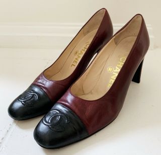 Vintage Chanel France Women’s Leather Shoes Sz 37.  5 (7.  5) Red - Brown/black Heels