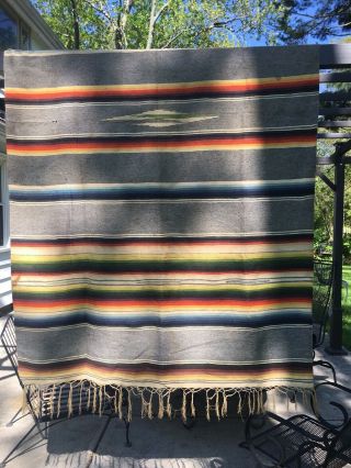 Vintage Mexican Saltillo Blanket Cactus Fiber Serape Antique Striped Bedspread